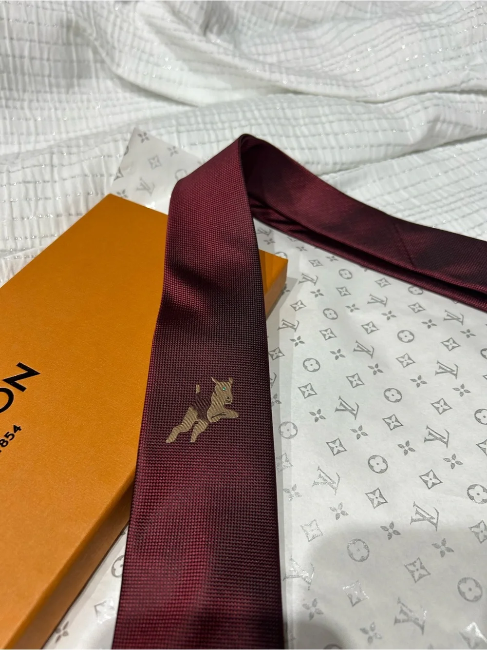 Louis Vuitton Men’s Wine Red Silk Tie with Subtle LV Motif